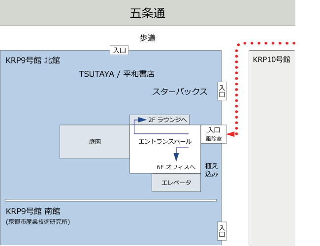 KRP9 号館 1F エントランスホールからの知能情報システムのオフィスへの道順案内